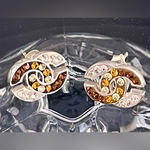 Sterling Silver Linked C’s Earrings Clear, Gold, Copper Rhinestone Crystals Gift - Picture 9 of 12